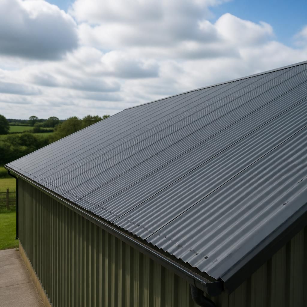 Corrugated steel roof sloping from the ridge to the eaves on an agricultural building