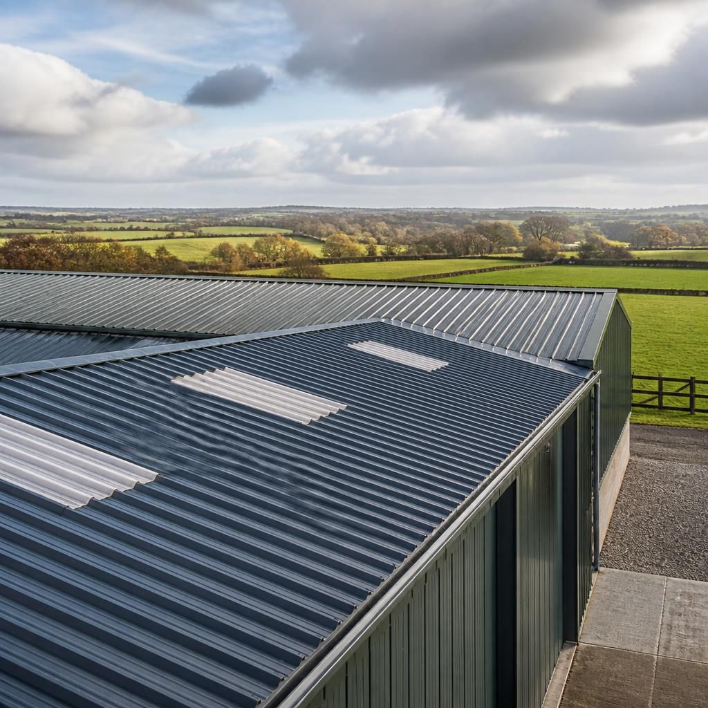 Profiled steel roof sheets fitted to an industrial building beside open farmland