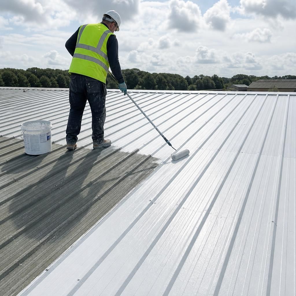Liquid roof coating being applied to a profiled steel roof