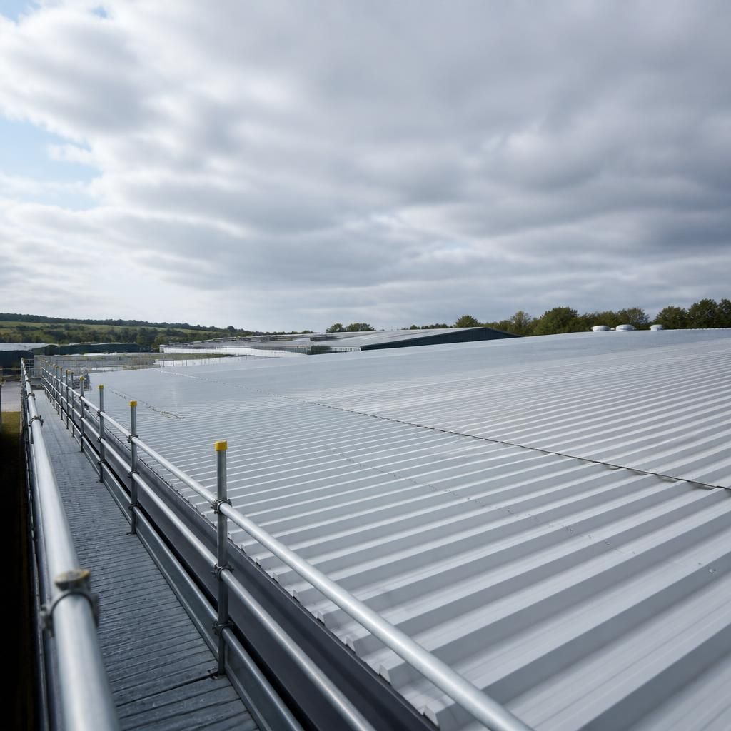 Coated steel roof panels on an industrial building viewed from an access platform