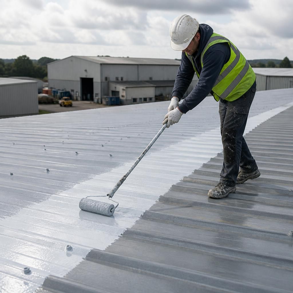 Worker applying liquid coating to a steel industrial roof with a roller