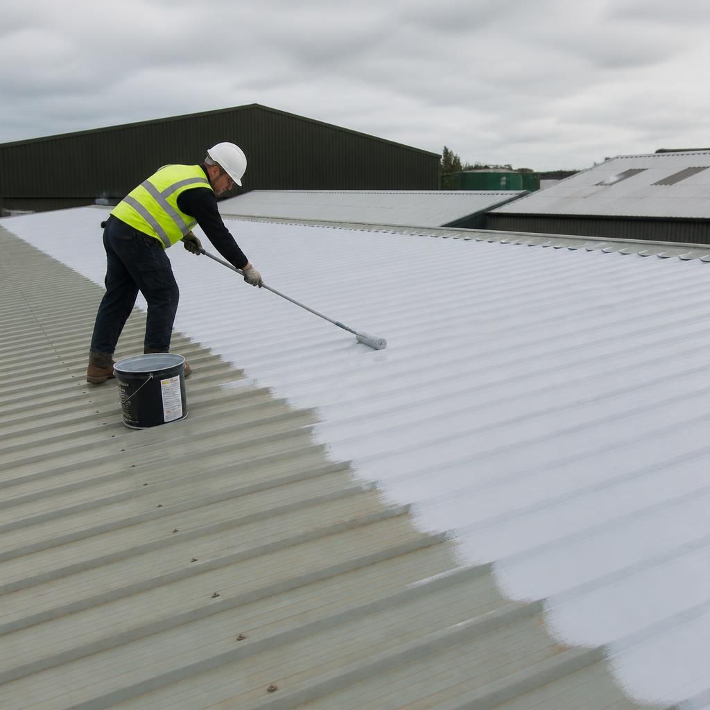 Painted steel roof with liquid rubber coating applied across the prepared surface