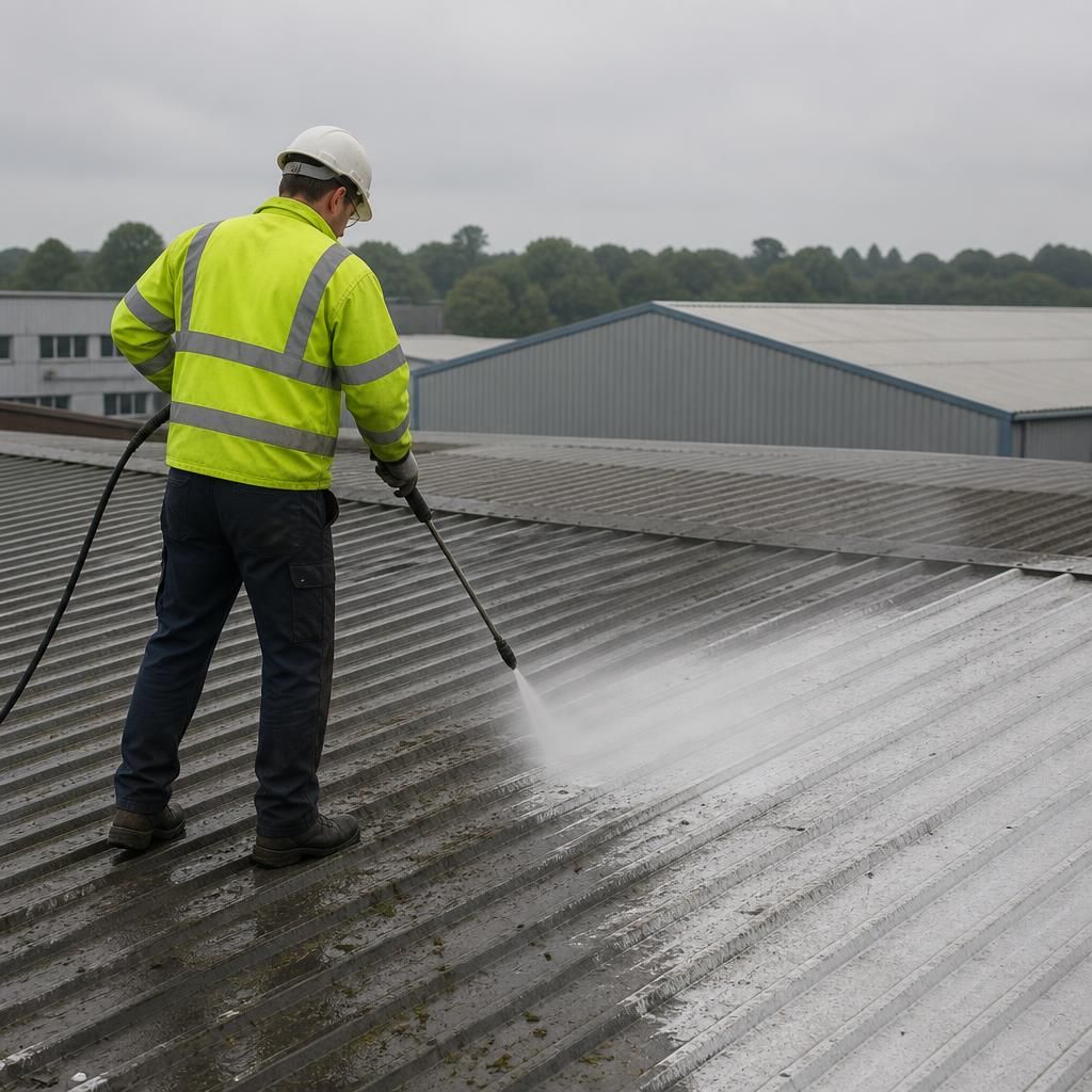 Industrial steel roof being cleaned before coating