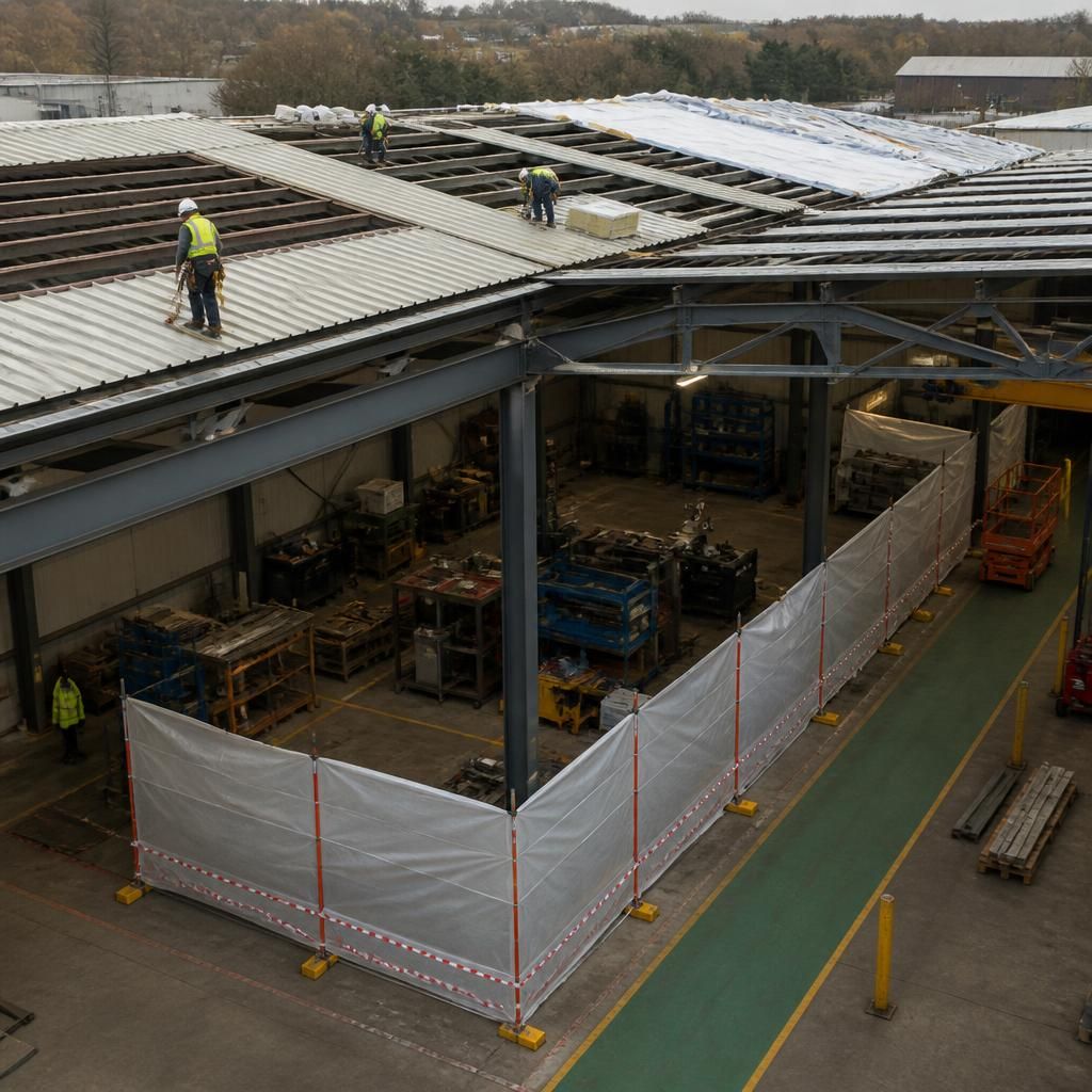 Roof replacement work above a cordoned industrial workspace with temporary weather protection