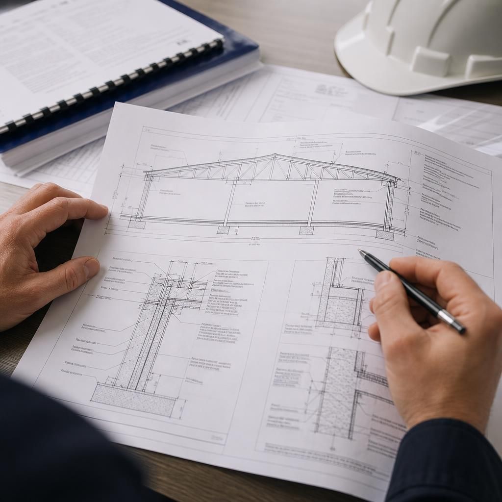 Building control plans showing an industrial roof section and construction details