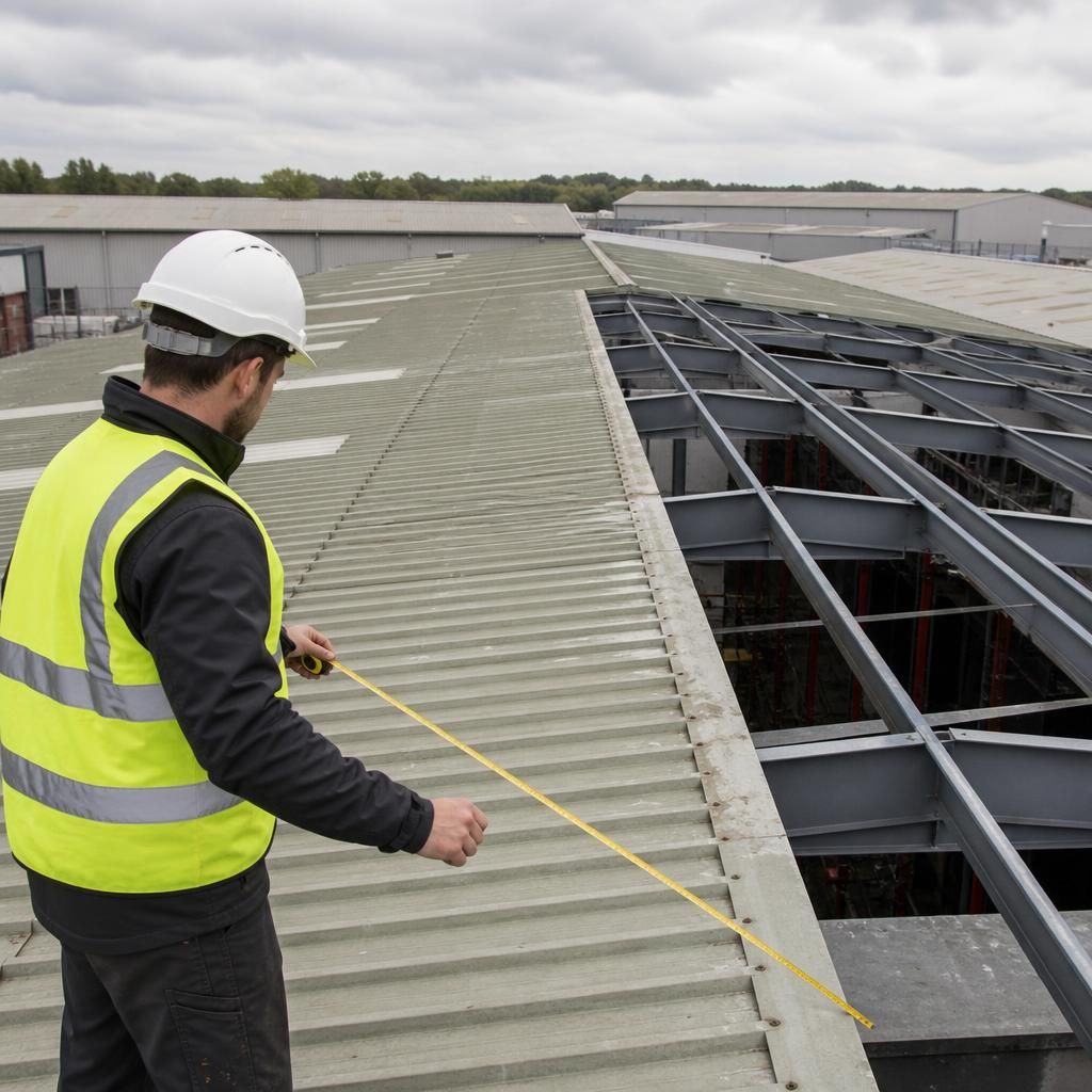 Surveyor measuring an industrial warehouse roof beside exposed steel framing