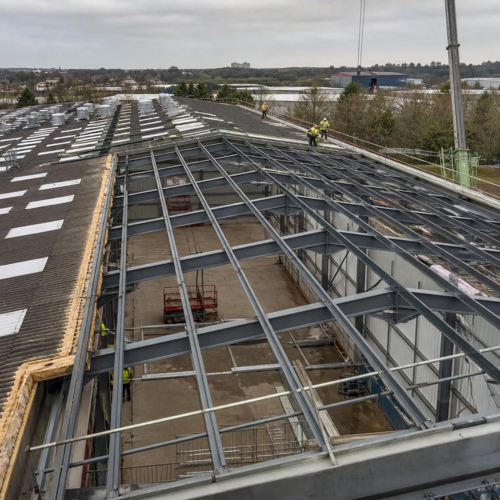 Steel-framed industrial building with roof sections removed during refurbishment