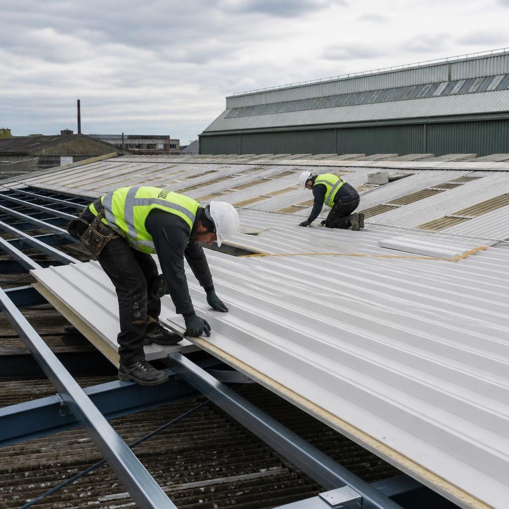 Workers fitting new insulated roof panels to an industrial building