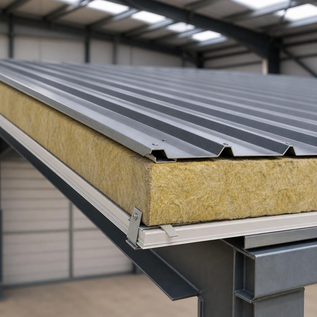 Cross-section of an insulated industrial roof showing external sheeting, insulation and internal liner