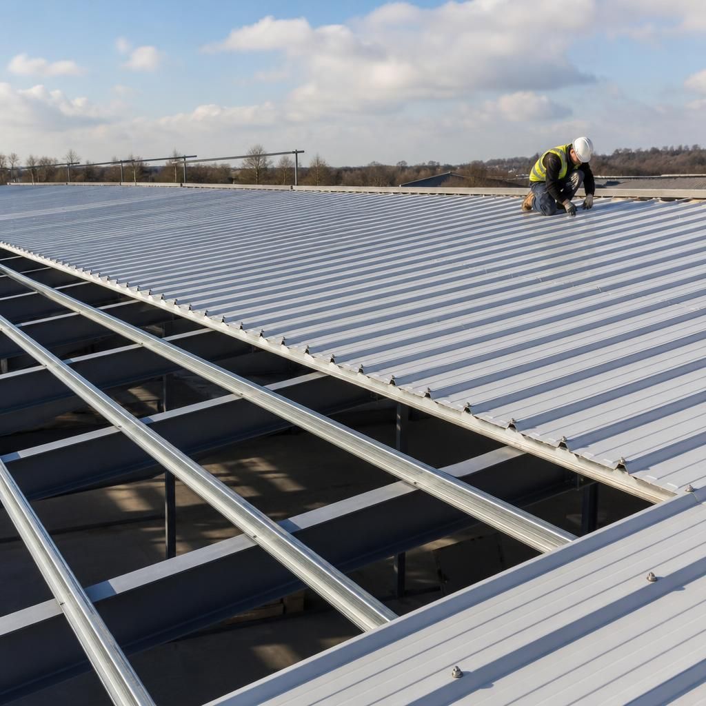 Profiled steel roof sheets supported by regularly spaced purlins on an industrial building