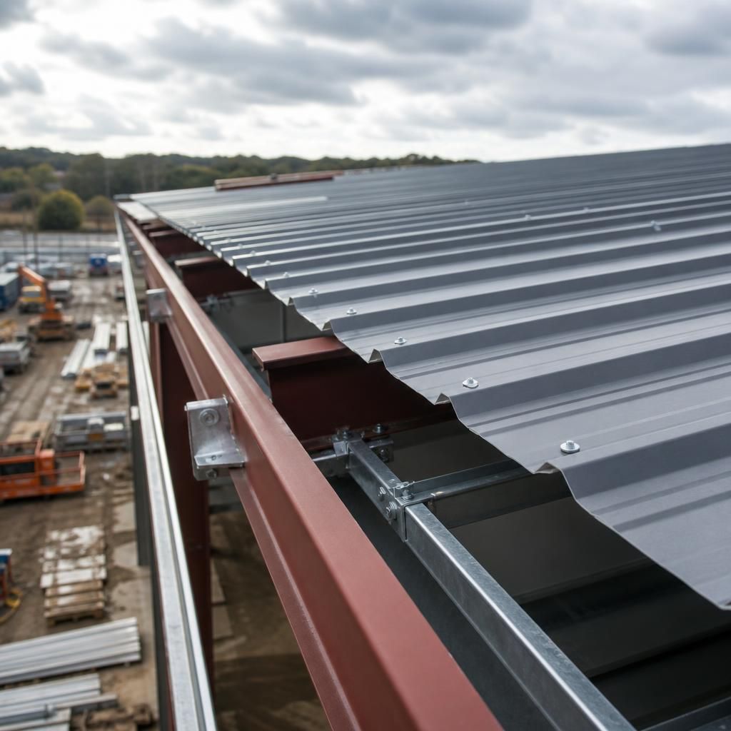 Industrial roof sheeting secured to steel purlins at a roof edge