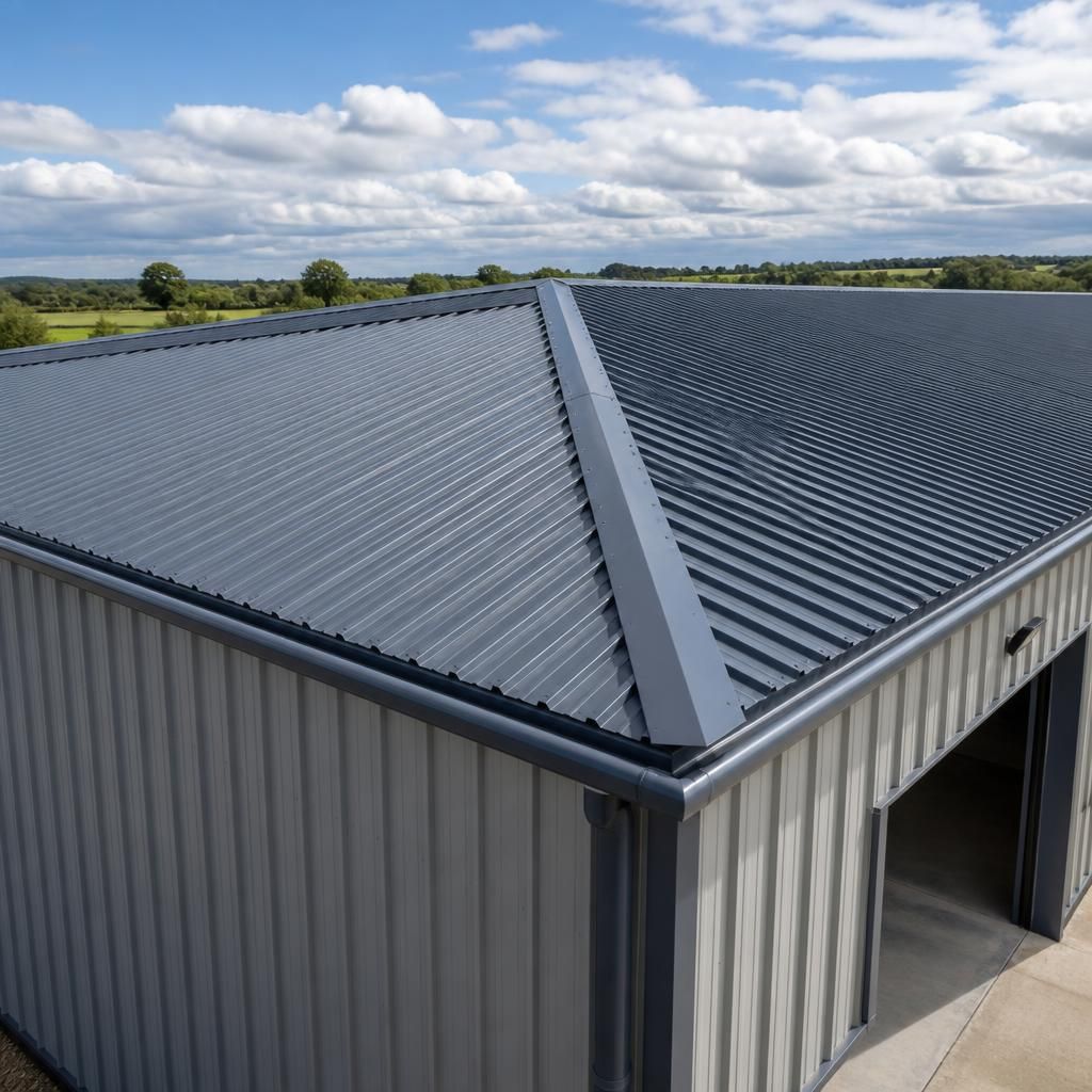 Industrial steel building roof showing profiled sheeting, ridge and rainwater gutters