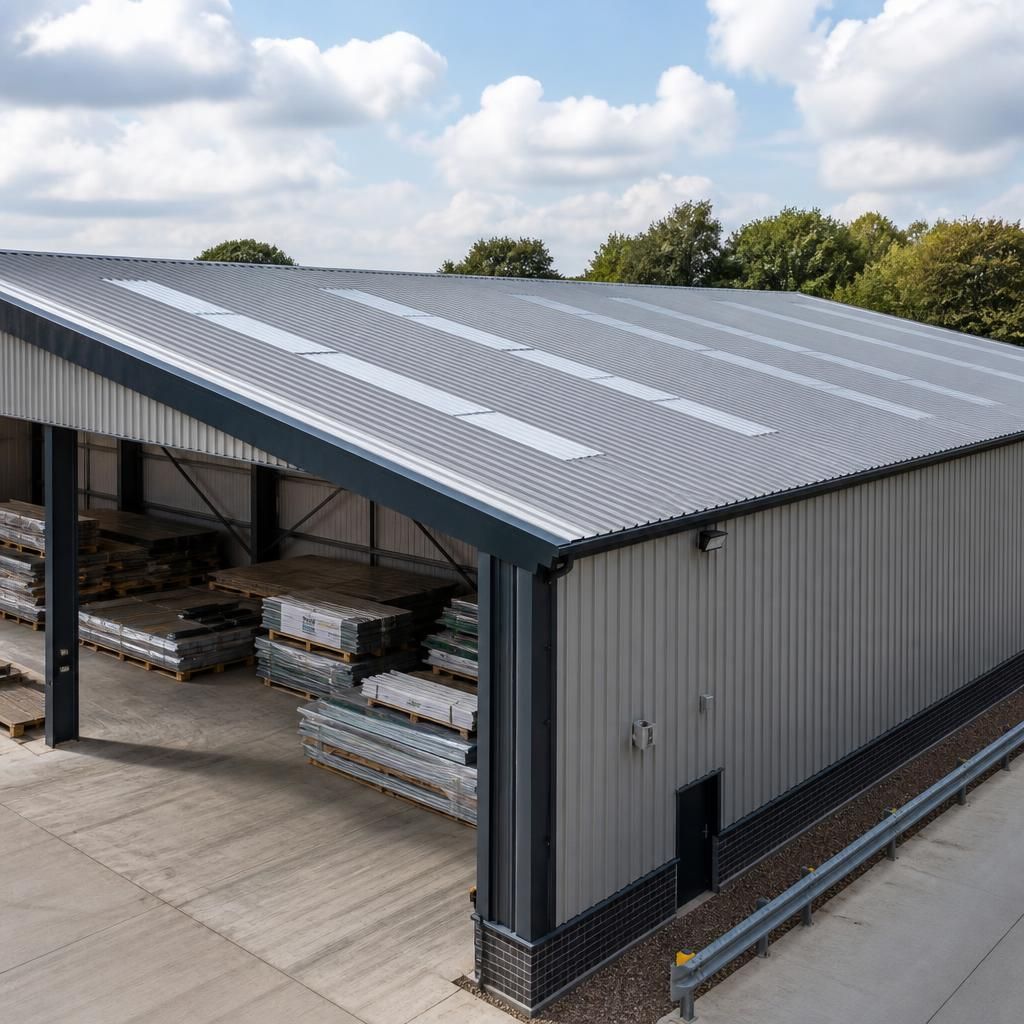 Steel-framed warehouse with profiled metal roof sheeting and wall cladding