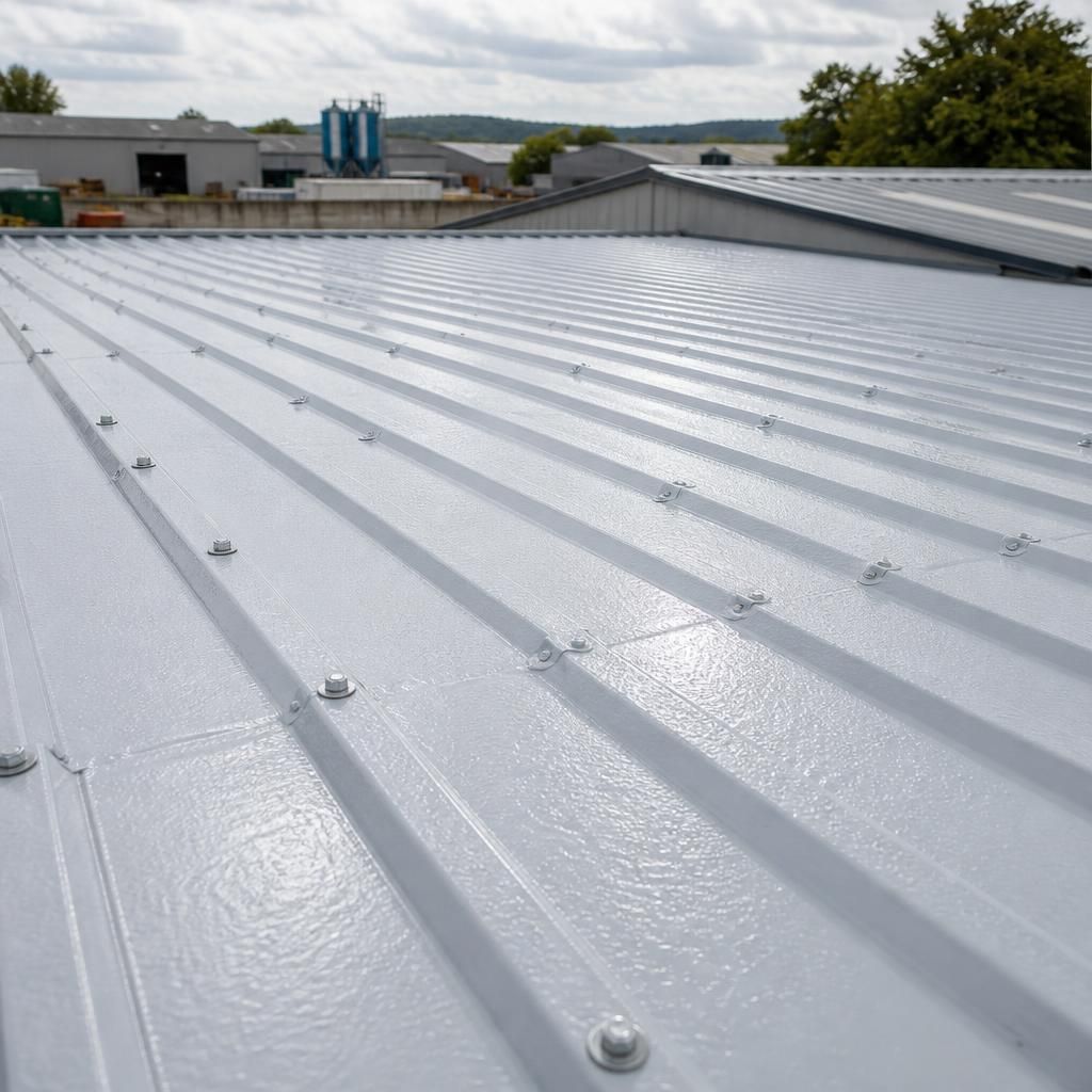 Coated industrial steel roof showing sheet laps and exposed fastener heads