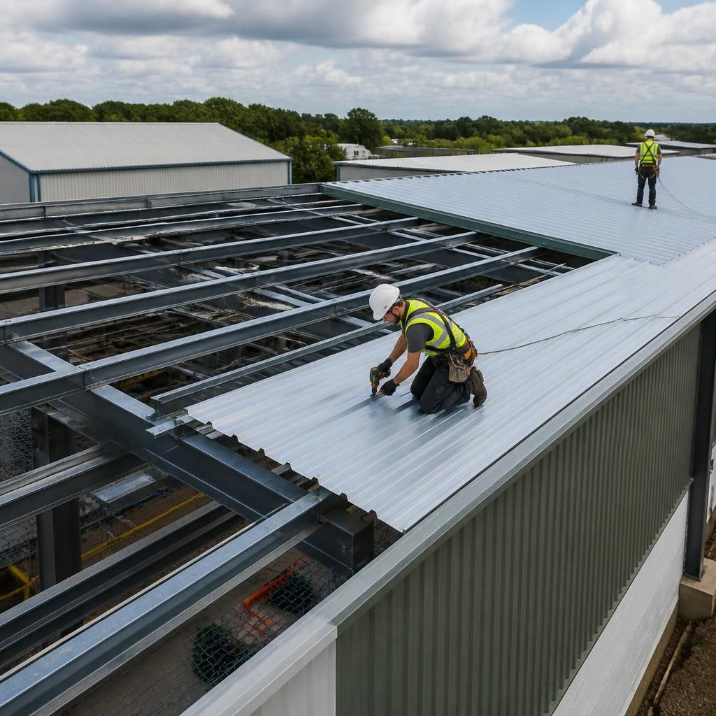 Steel roof sheets being installed on an industrial building beside exposed roof purlins