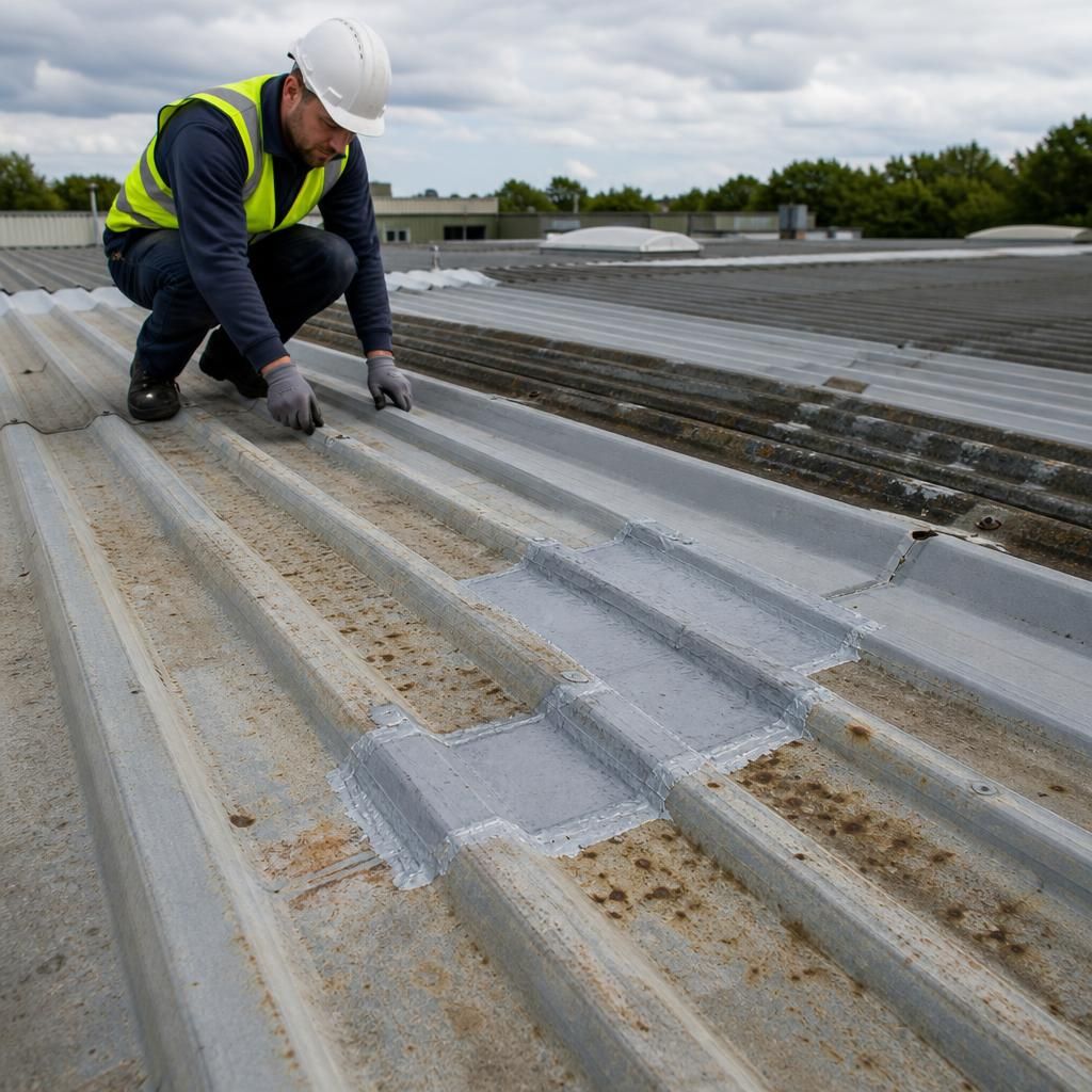 Industrial roof sheets showing localised corrosion, repaired seams and weathered coating