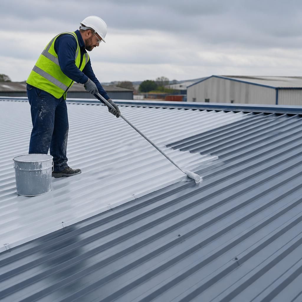 Technician applying protective coating to corrugated steel roofing panels