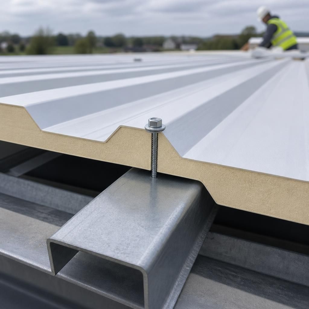 Insulated roof panel fixed to a steel purlin with a sealing washer and self-drilling screw