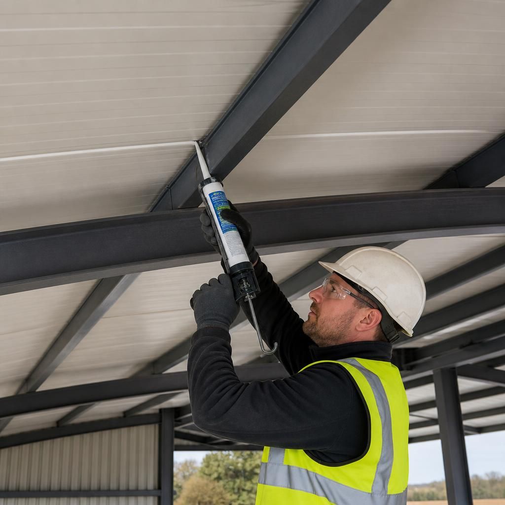 Installer sealing the joint between insulated roof panels beneath a steel roof frame