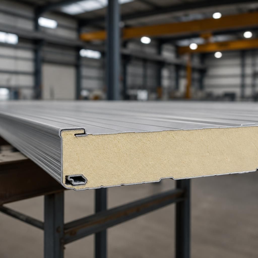 Cross-section of an insulated roof panel showing its steel facings and insulated core