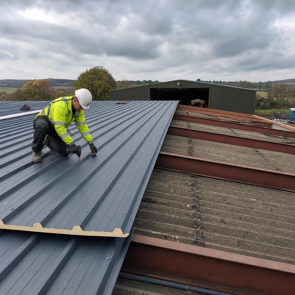 Insulated corrugated roof panels being fitted to an existing steel-framed building