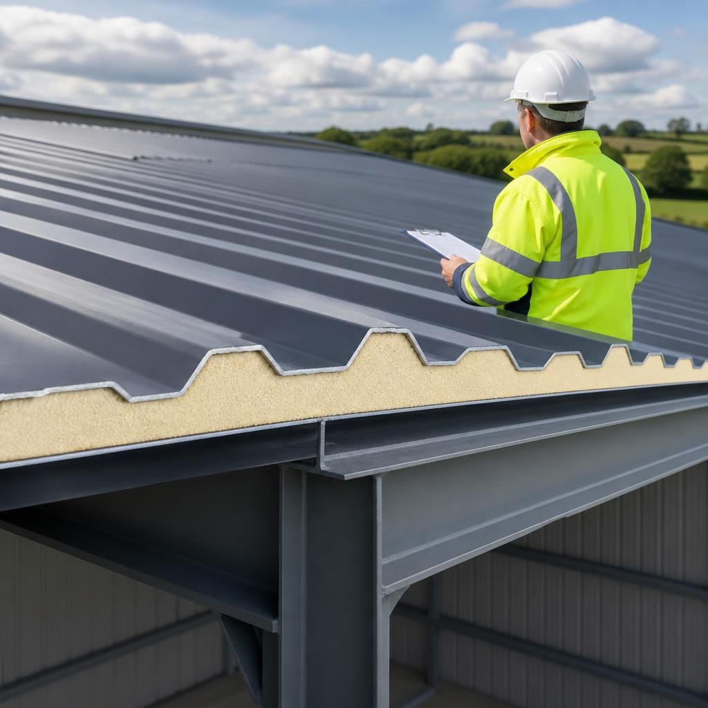 Cross-section of an insulated corrugated roof panel showing its sloped profile and layered construction