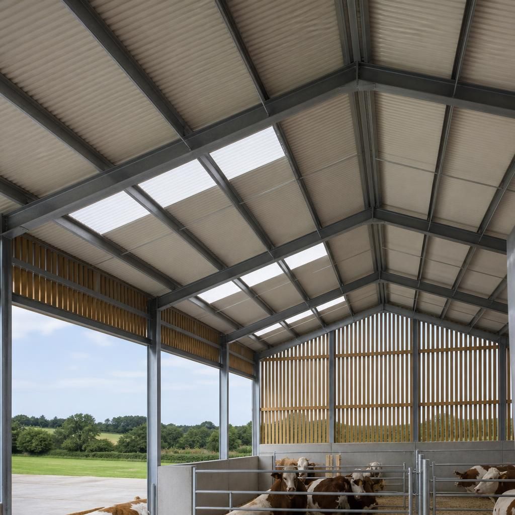 Insulated corrugated roof panels fitted over a steel-framed agricultural building