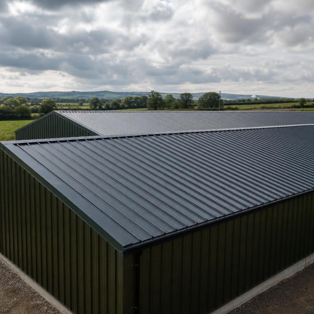 Insulated steel roof panels on a rural building beneath cloudy skies
