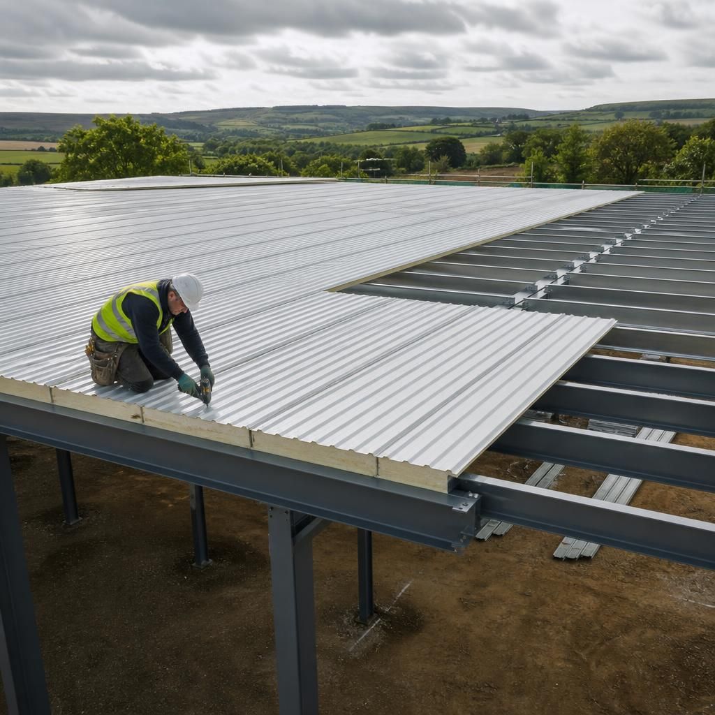 Insulated steel roof panels fitted over a steel-framed agricultural building