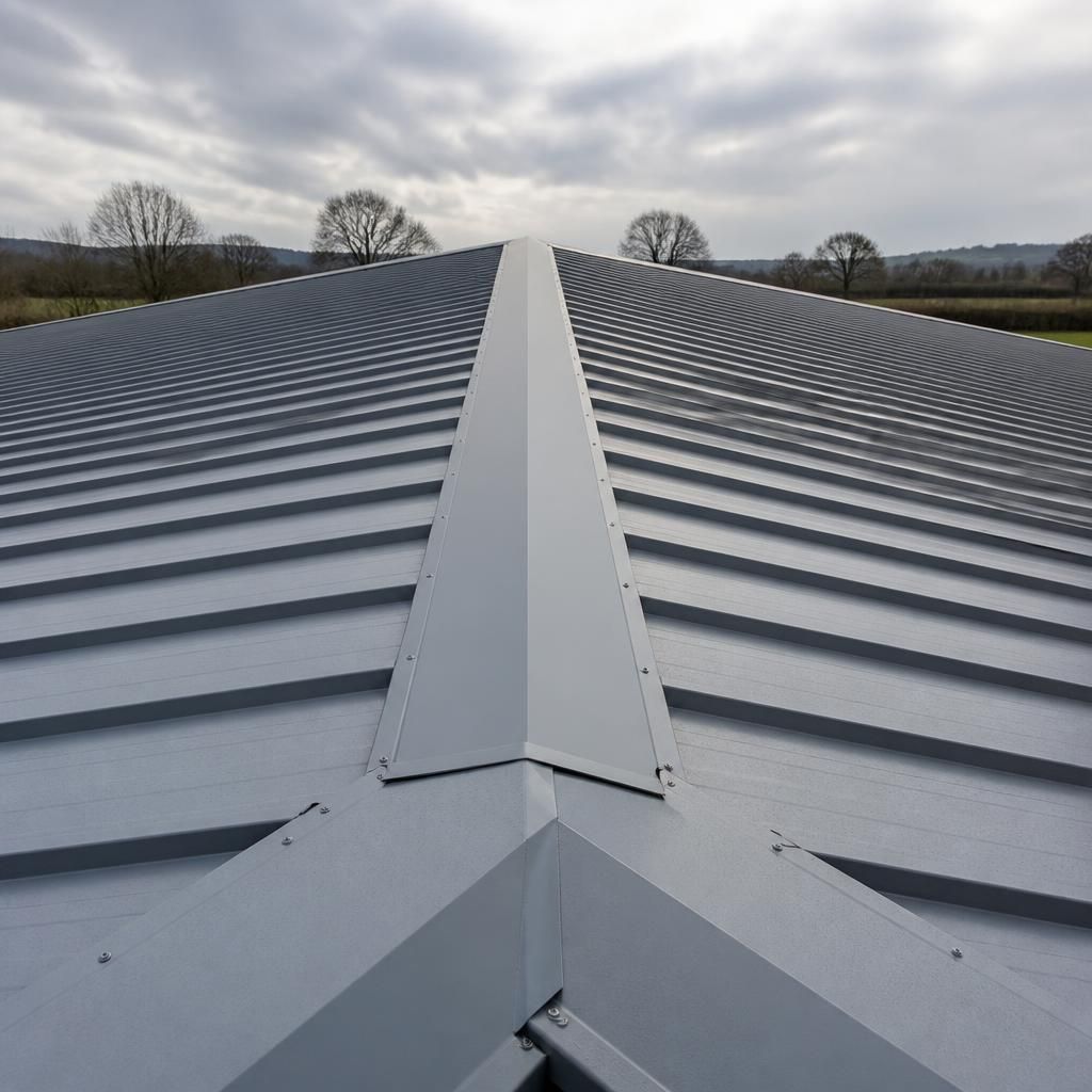 Steel roof panels meeting at a ridge with flashings and sealed joints