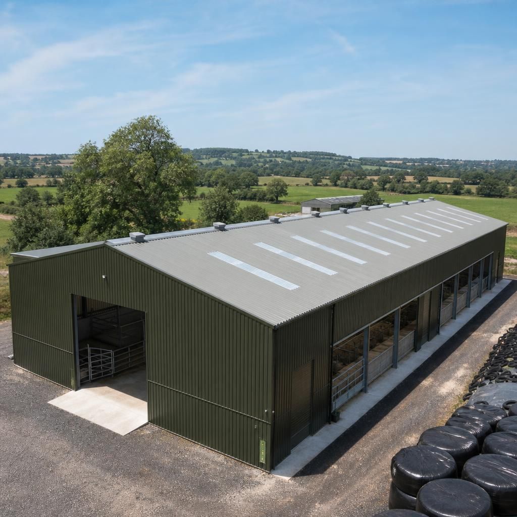 Steel-framed agricultural building with insulated roof panels installed across multiple bays