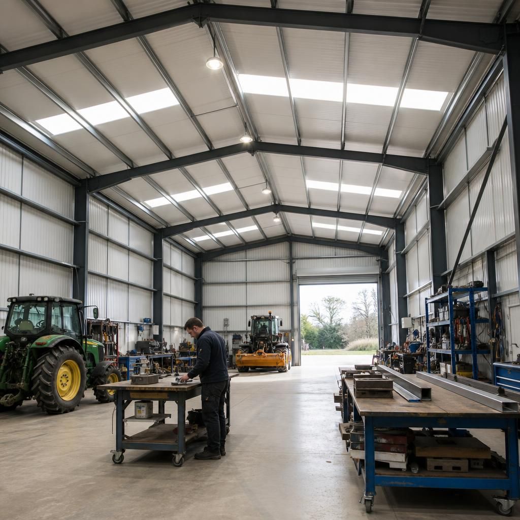 Enclosed steel-framed agricultural workshop with insulated roof panels