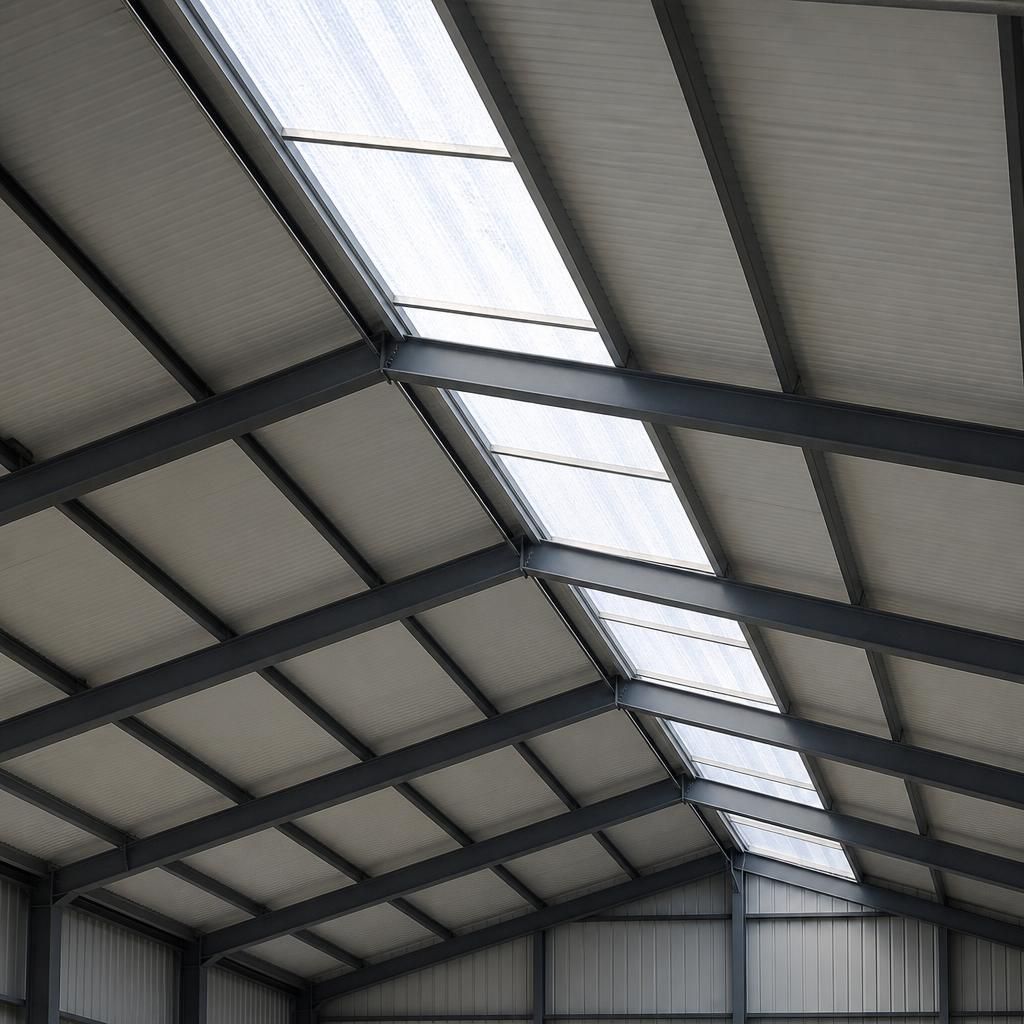 Translucent rooflight panels installed between insulated roof panels on a steel-framed building