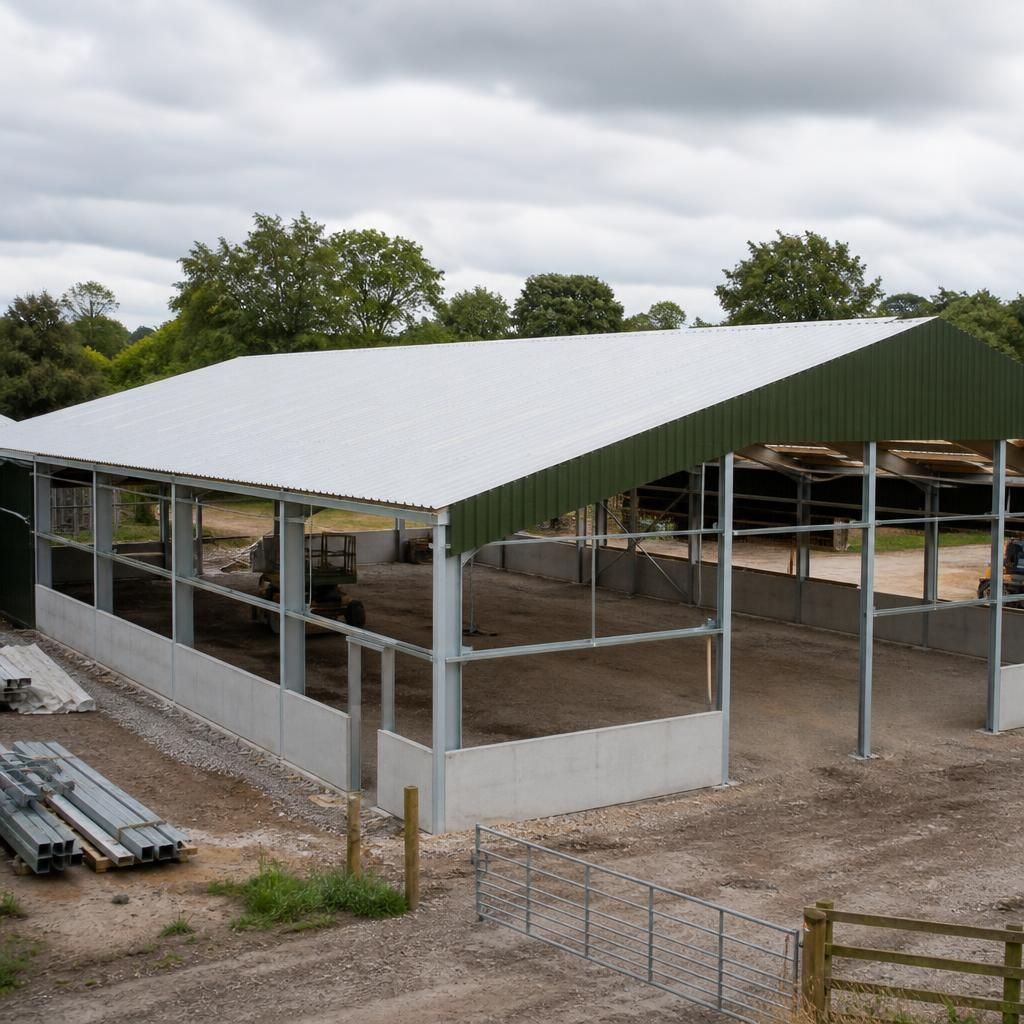 Steel-framed agricultural building with installed PU sandwich roof panels