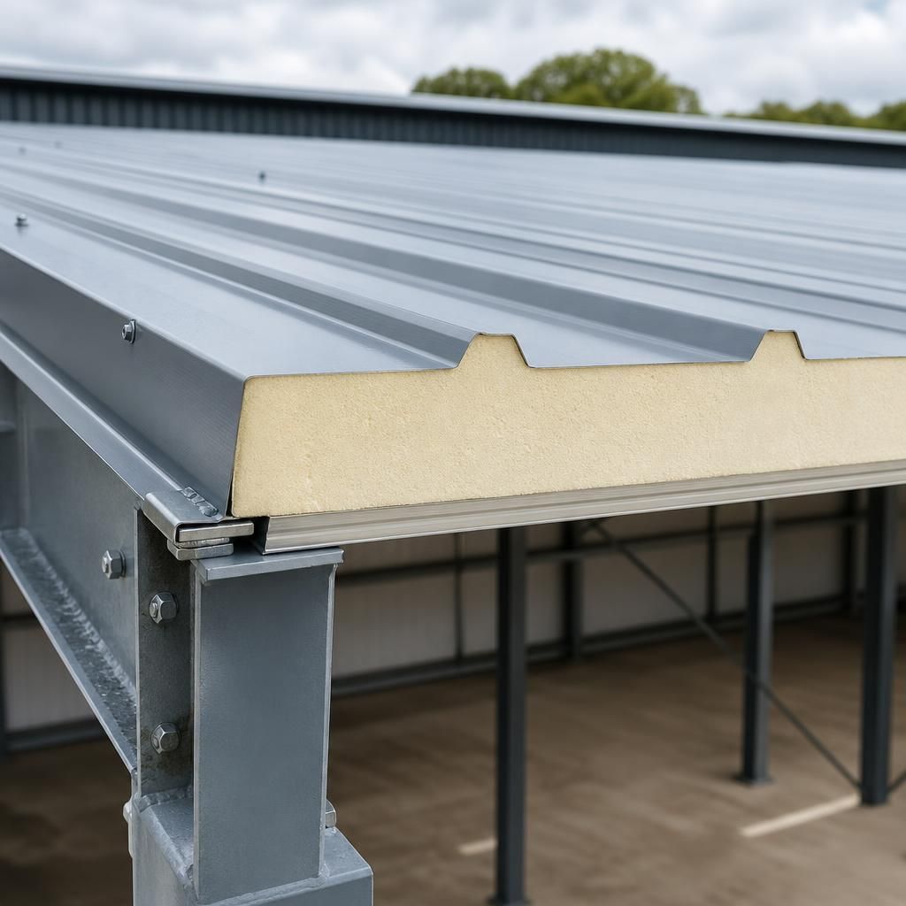 Cross-section of a PU sandwich roof panel fitted over a steel frame