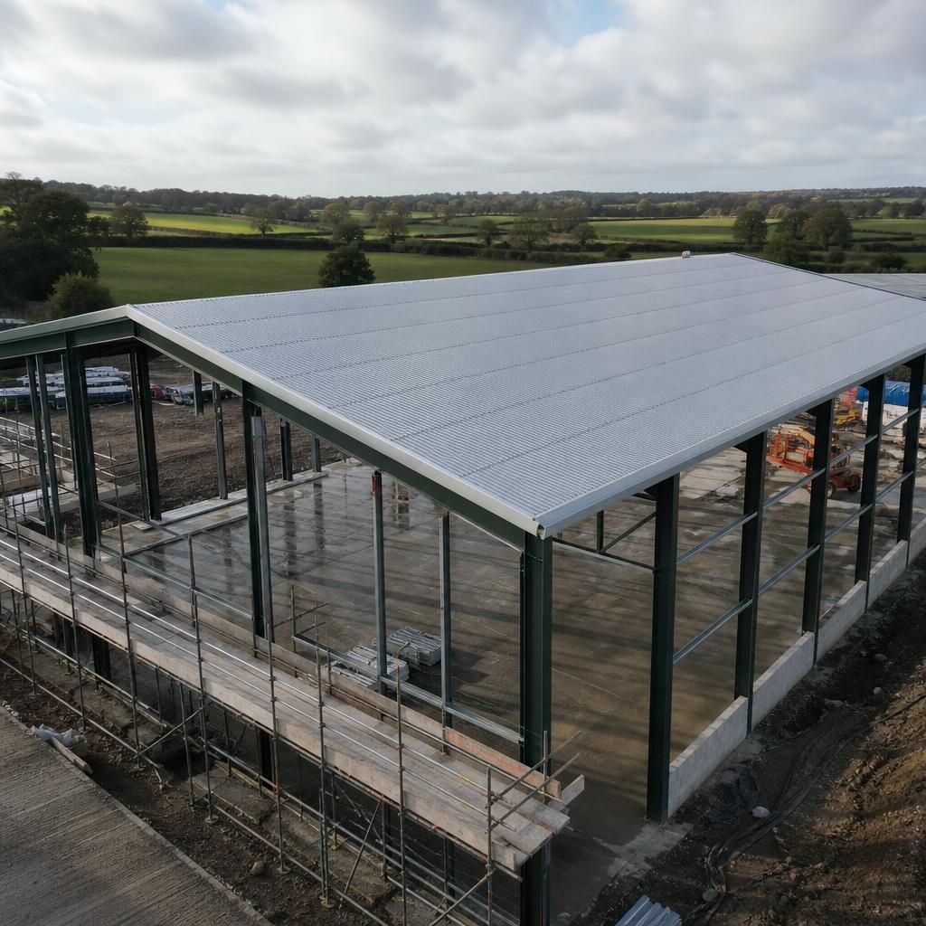 Steel-framed building with a pitched roof fitted with insulated sandwich panels