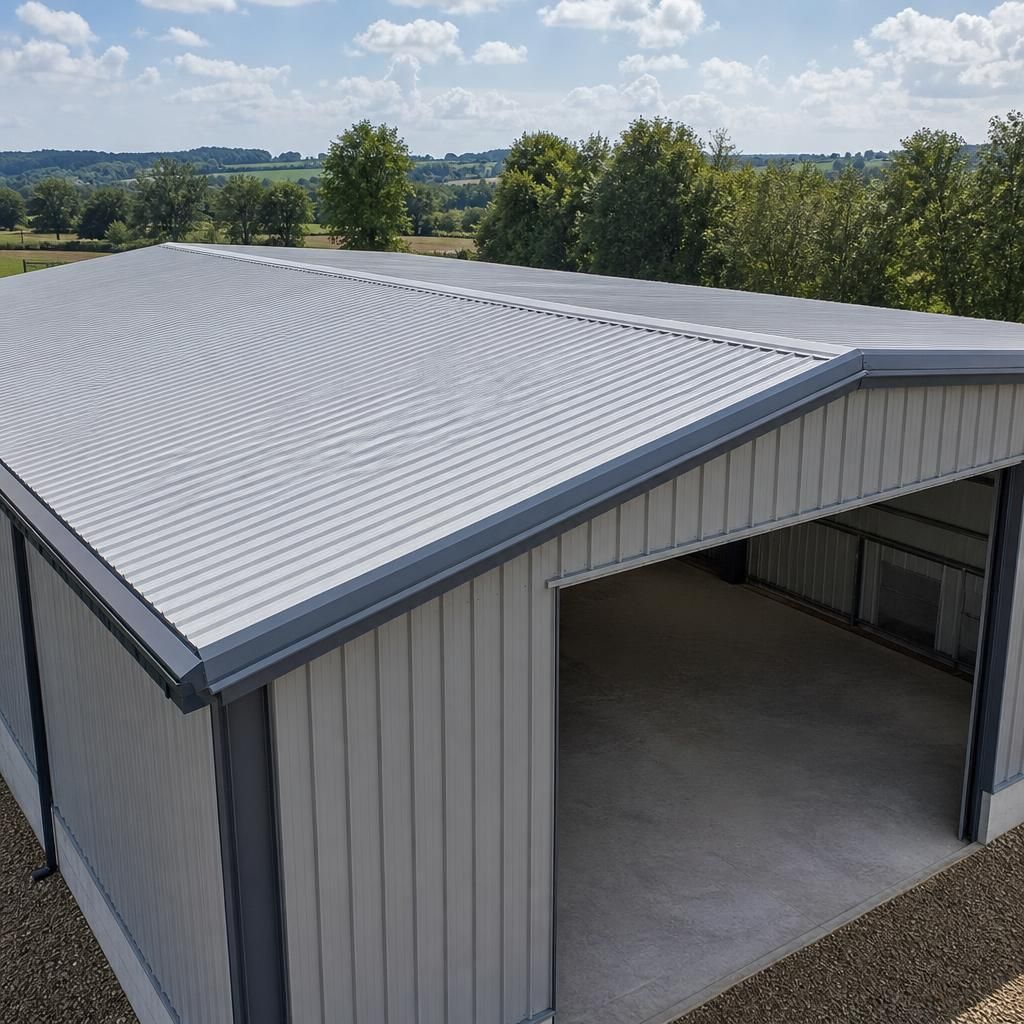 Steel-framed building with a simple duo-pitch PU sandwich panel roof