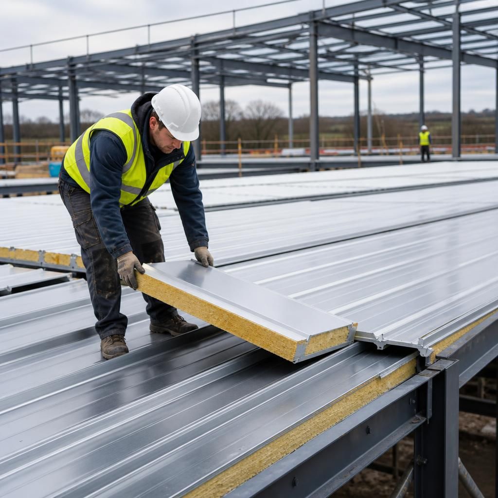 Insulated roof panels with steel facings and sealed joints fitted to a steel frame