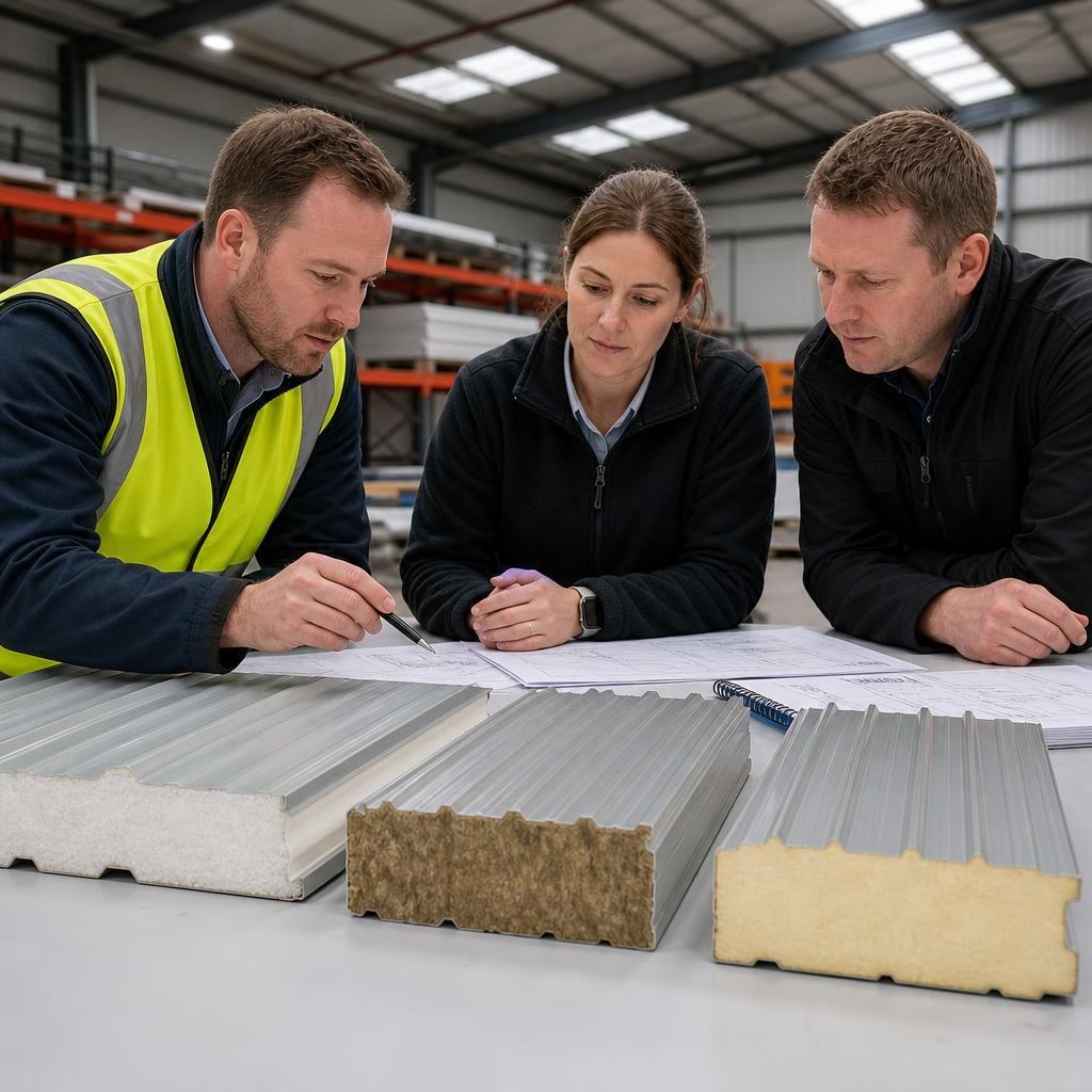 Cross-section samples of PIR, mineral wool and EPS roof panel cores