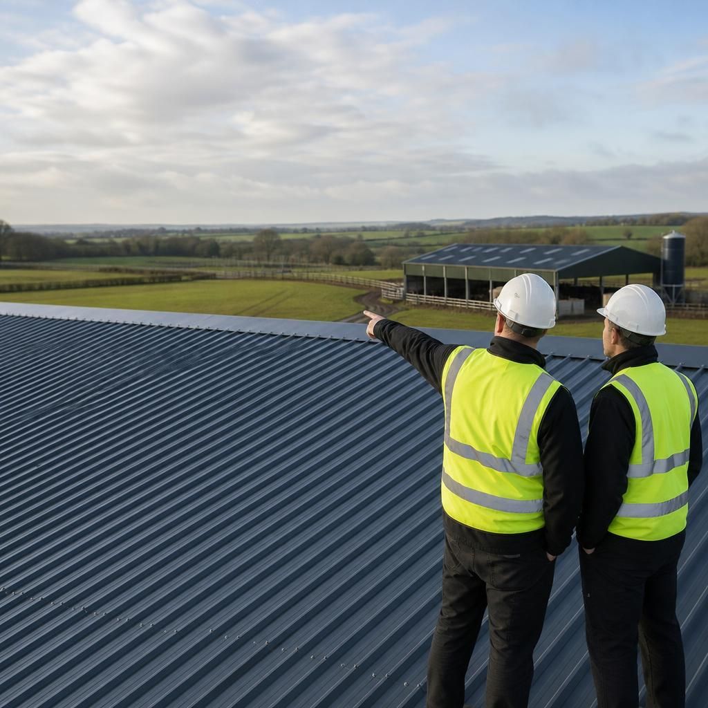 Profiled steel roof sheets fitted to a large agricultural building