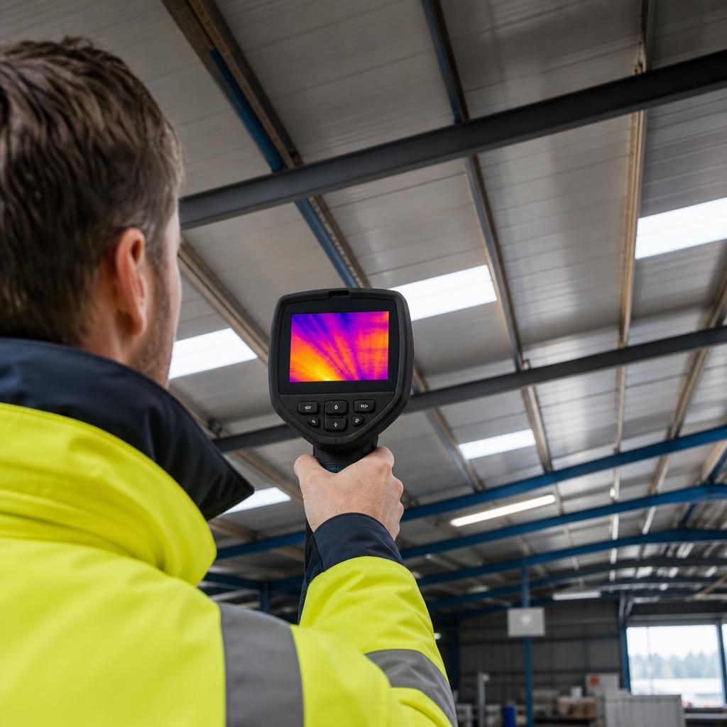 Thermal camera showing temperature variation across the underside of a metal roof panel
