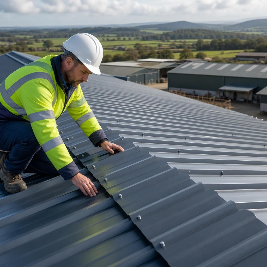 Close-up of coated steel roof panels at a lap and fixing detail