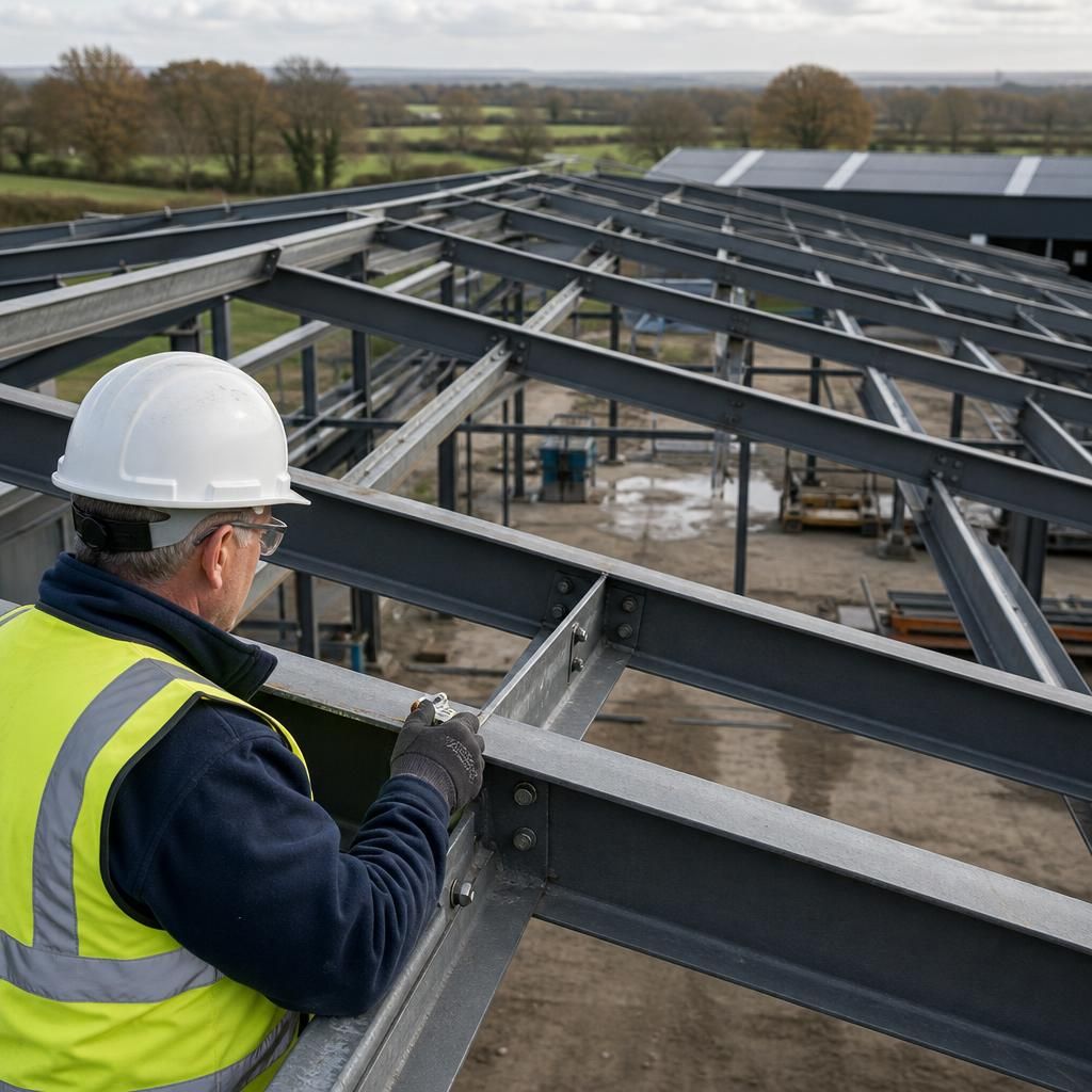 Surveyor checking purlins and connections on an existing steel roof frame