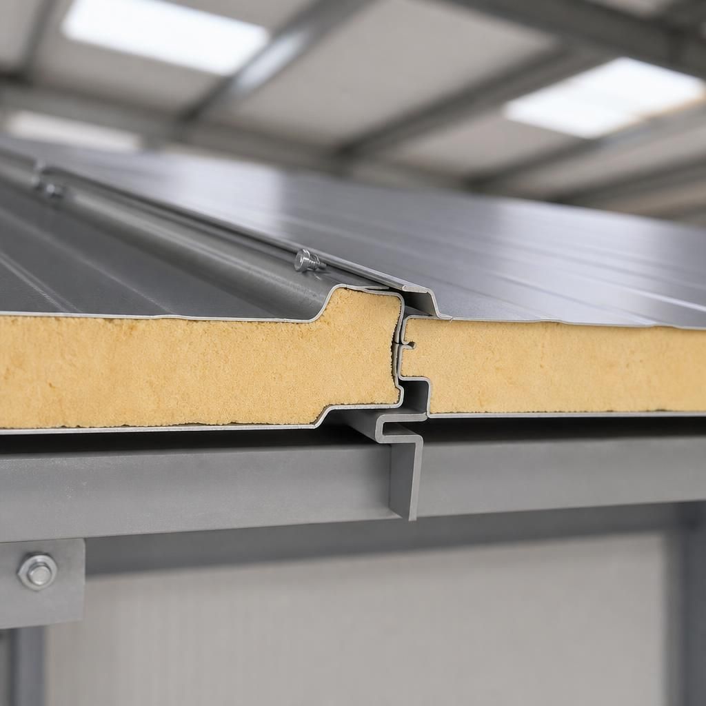 Cross-section of an insulated metal roof panel showing steel skins and insulation core