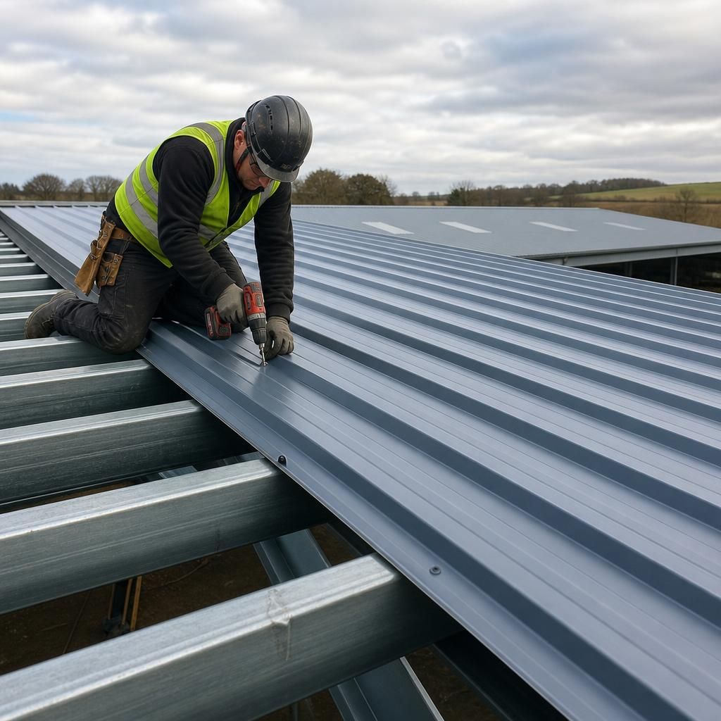 Installer securing profiled metal roof panels to steel purlins