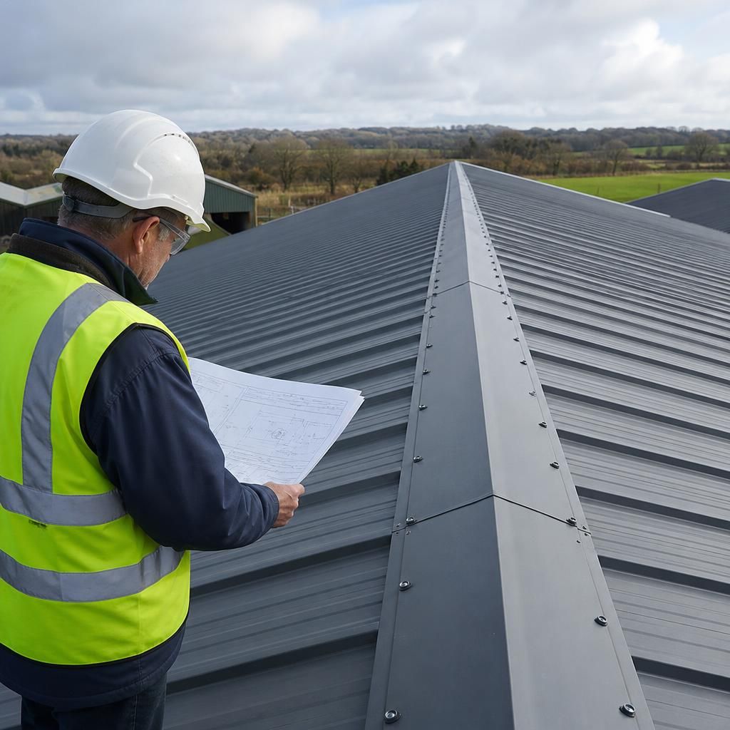 Insulated metal roof panels meeting at a ridge with flashing, fixings and sealed joints