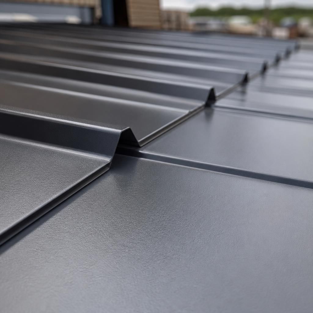 Close-up of profiled metal roof panels with a smooth coloured coating and overlapping joints