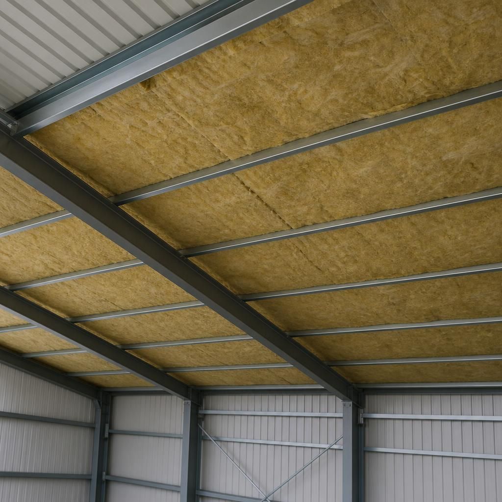 Mineral wool insulation fitted between steel roof purlins beneath profiled metal roof panels