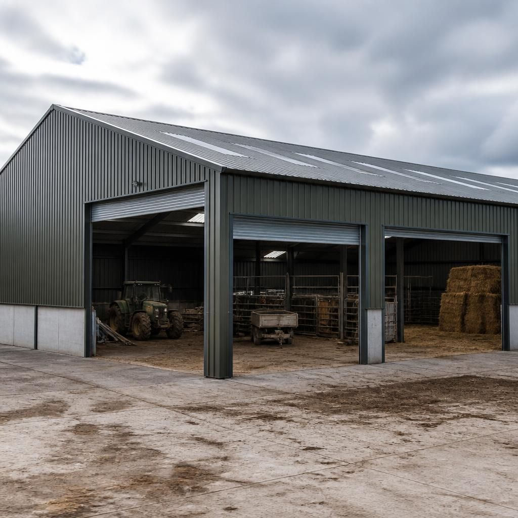 Steel-framed agricultural building with a profiled metal roof and open roller doors