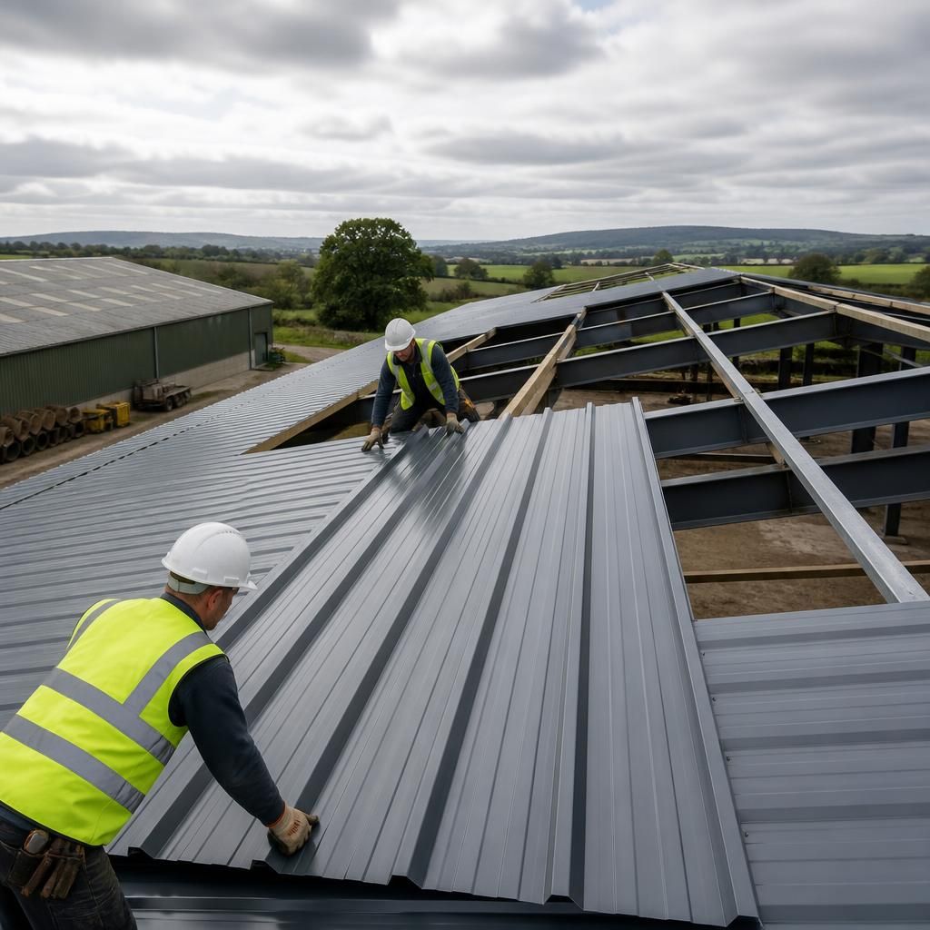 Steel roof panels being installed on an existing agricultural building frame